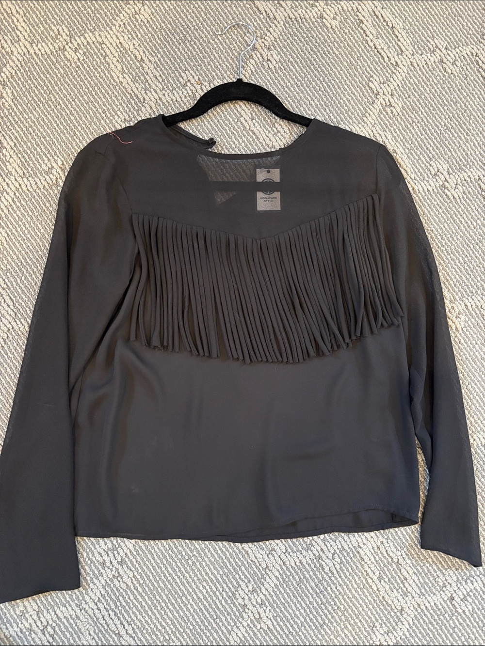 English Factory Black Long-Sleeve Fringe Blouse